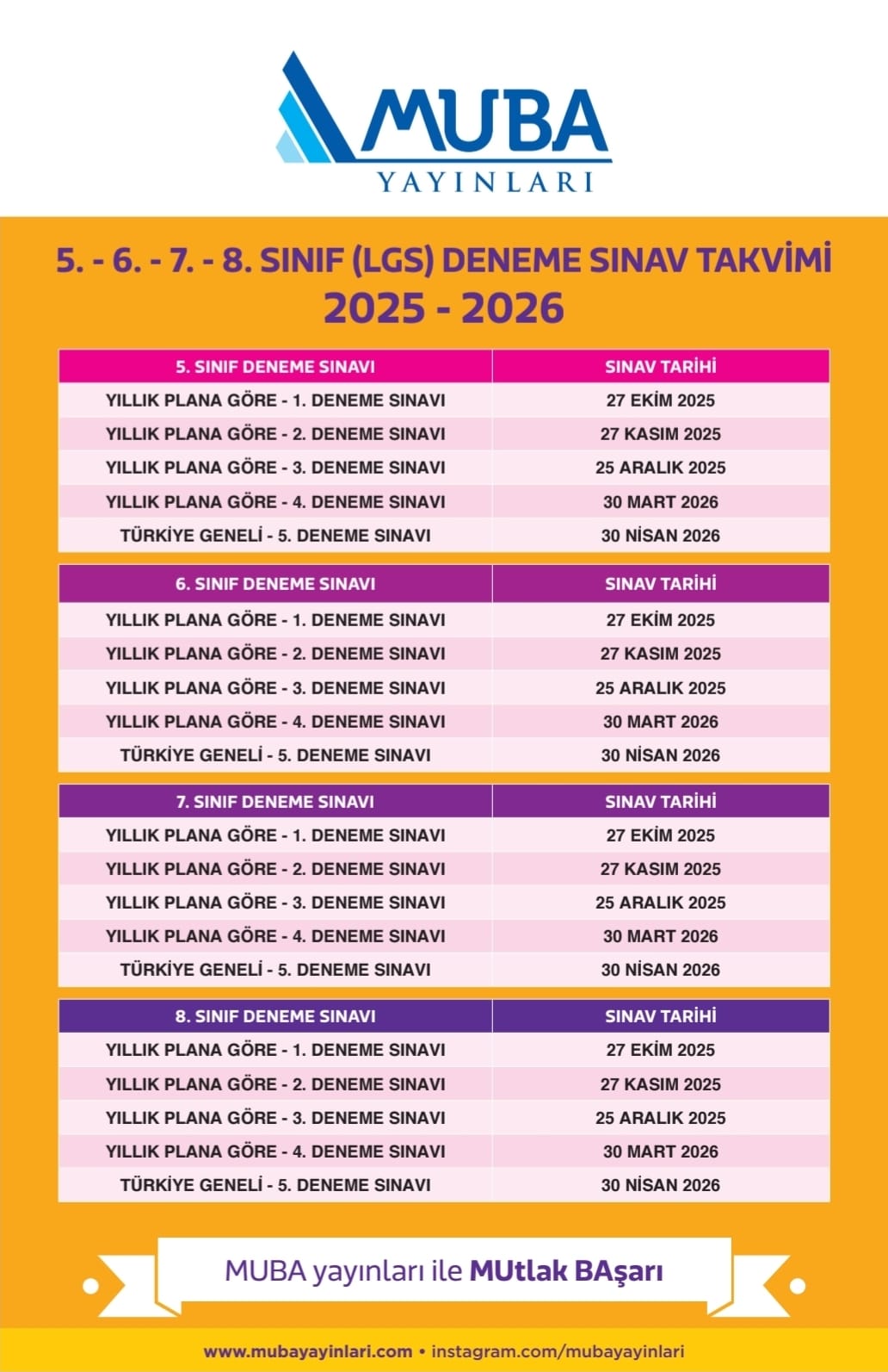MUBA YAYINLARI Kurumsal Deneme Sınav Tarihleri