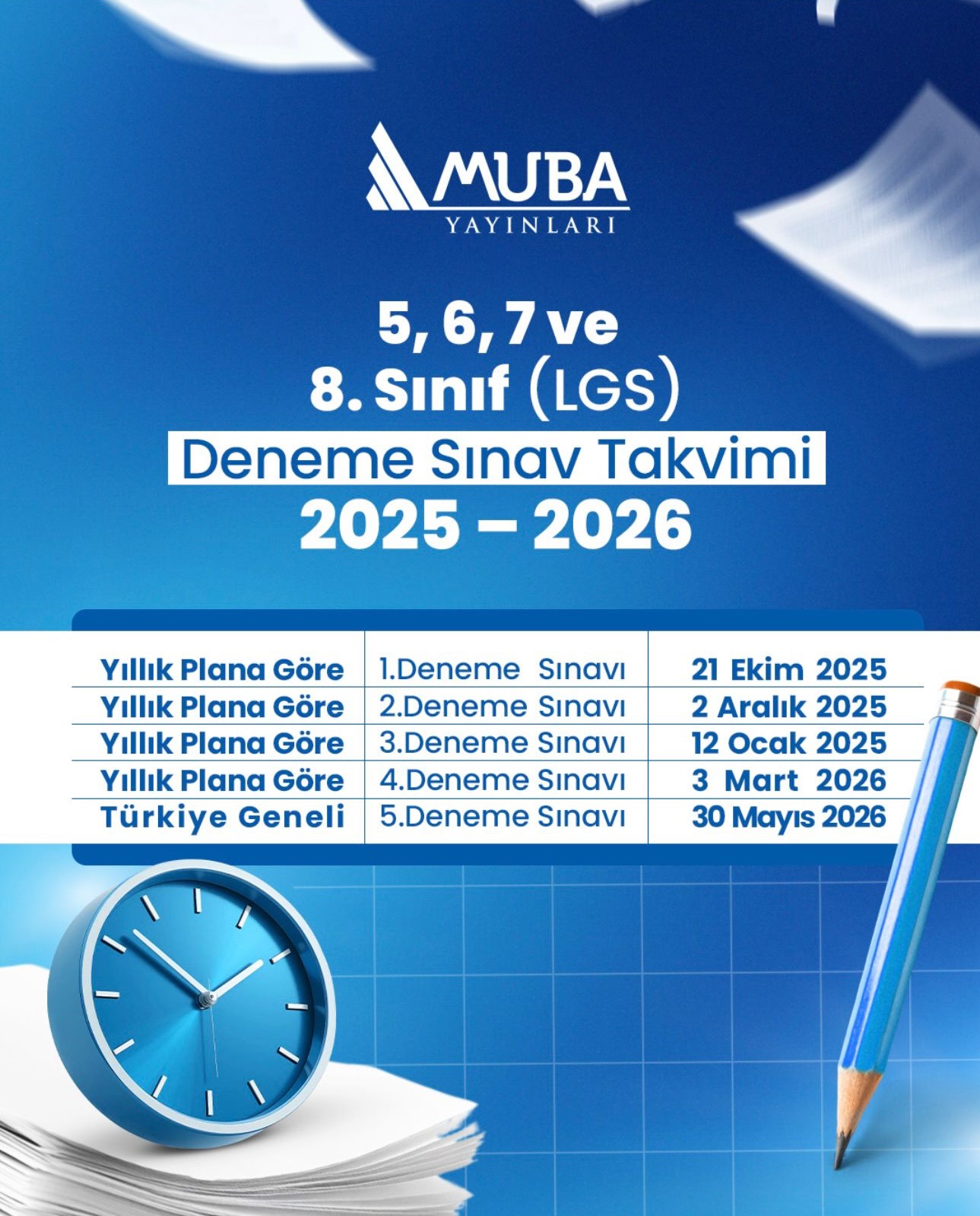 MUBA YAYINLARI Kurumsal Deneme Sınav Tarihleri